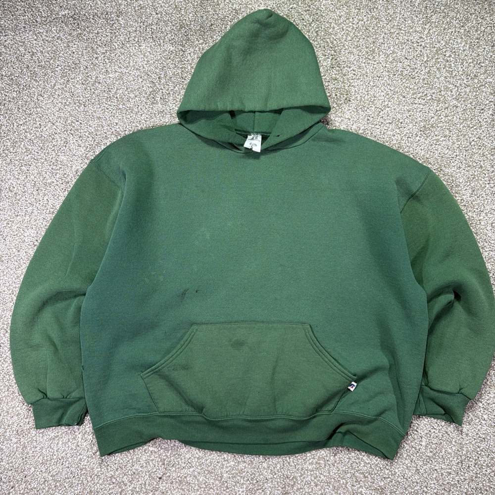 Y2K Russell Athletic Hoodie Dark Green Super Faded XL Distressed Boxy Essentials